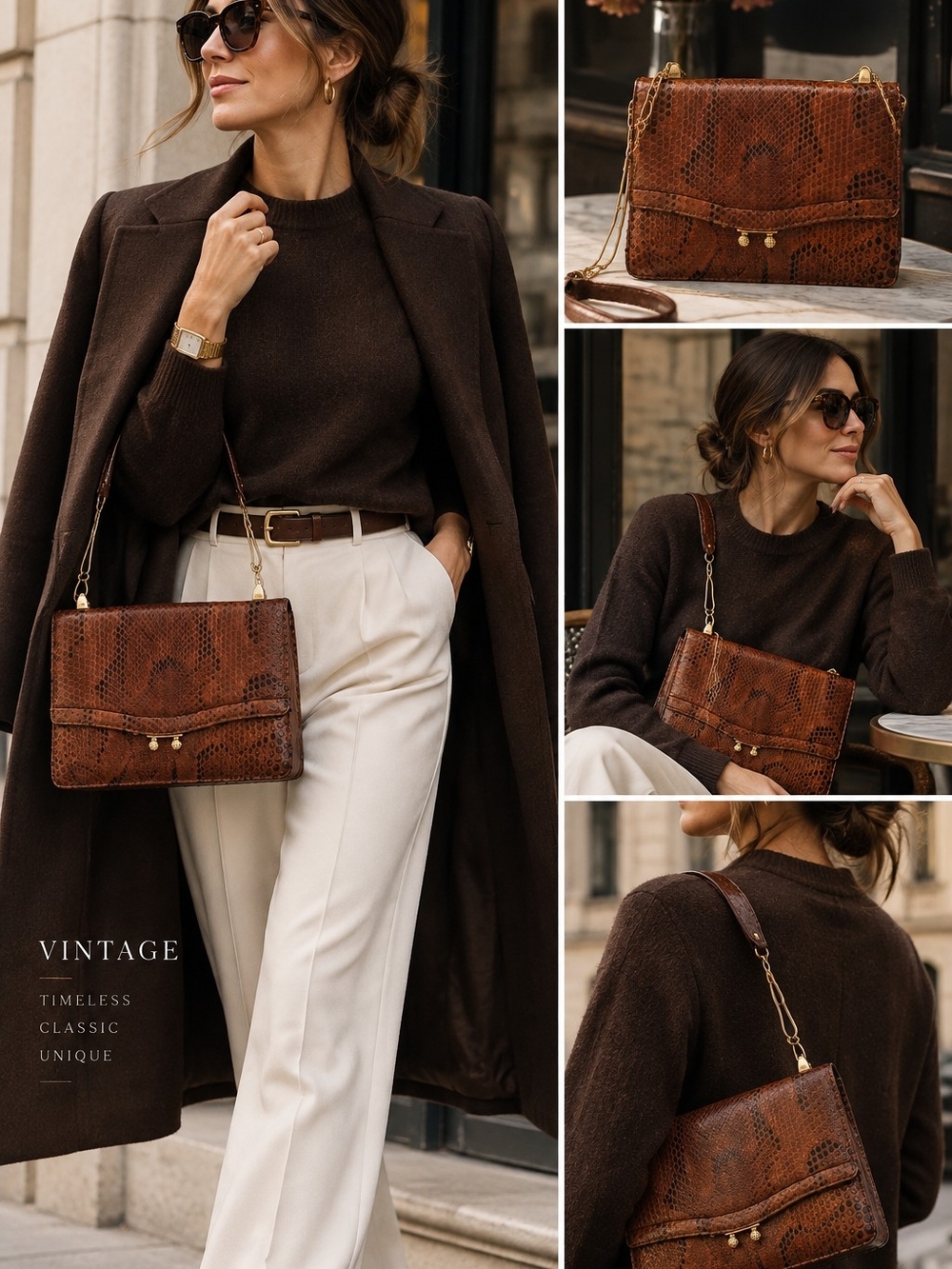 Vintage Genuine Snakeskin Gold Chain Shoulder Bag Brown